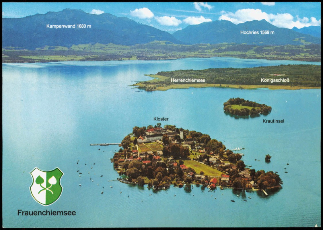 vergrößern: Bildseite historische Ansichtskarte von 1990: Herrenchiemsee Herreninsel mit Schloss, Monastery Frauenwörth:: Chiemsee