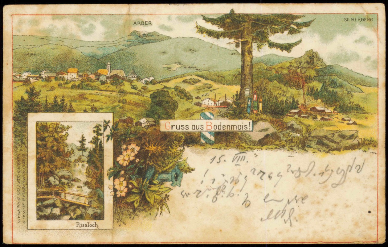 zoom: Image side vintage Postcard from 1899: Stadt Grenze Umland Gruss aus...:: Bodenmais