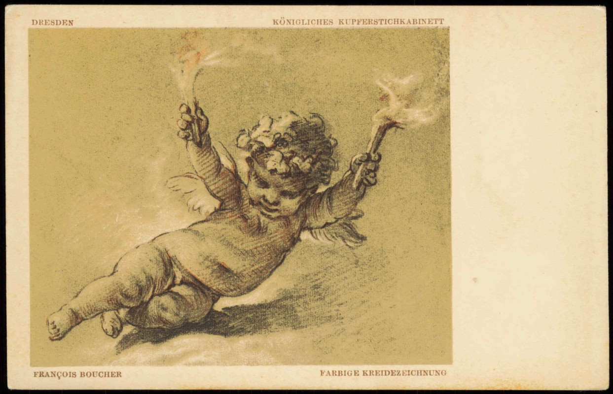 vergrößern: Bildseite historische Ansichtskarte von 1913: Künstlerkarte Engel Angel mit Fackeln Franois Boucher::