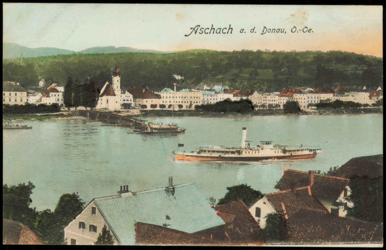 vergrößern: Bildseite historische Ansichtskarte von 1909: Stadt, Dampfer:: Aschbach Donau