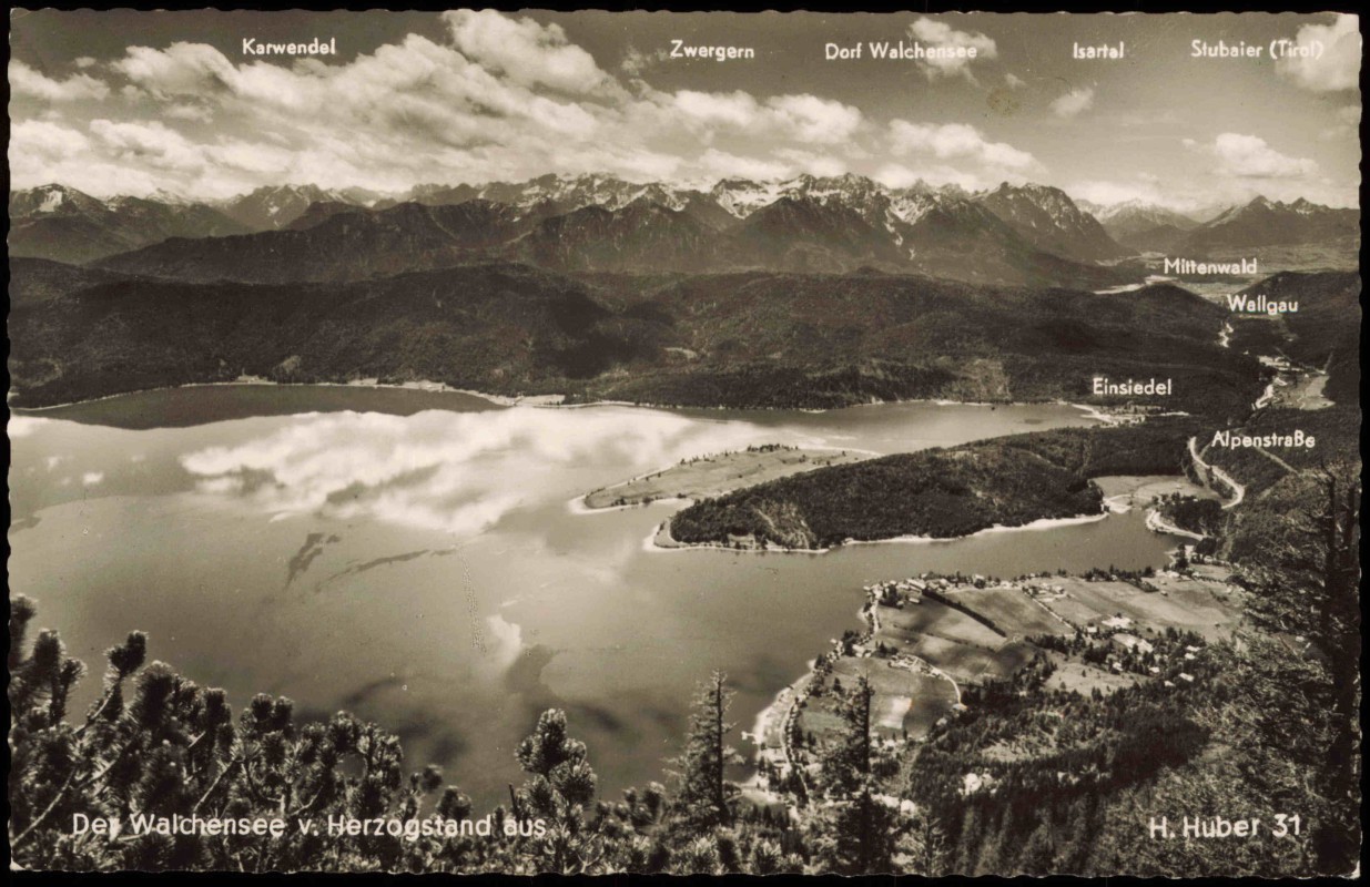 vergrößern: Bildseite historische Ansichtskarte von 1962: Walchensee mit Ortsbeschreibungen:: Kochel am See