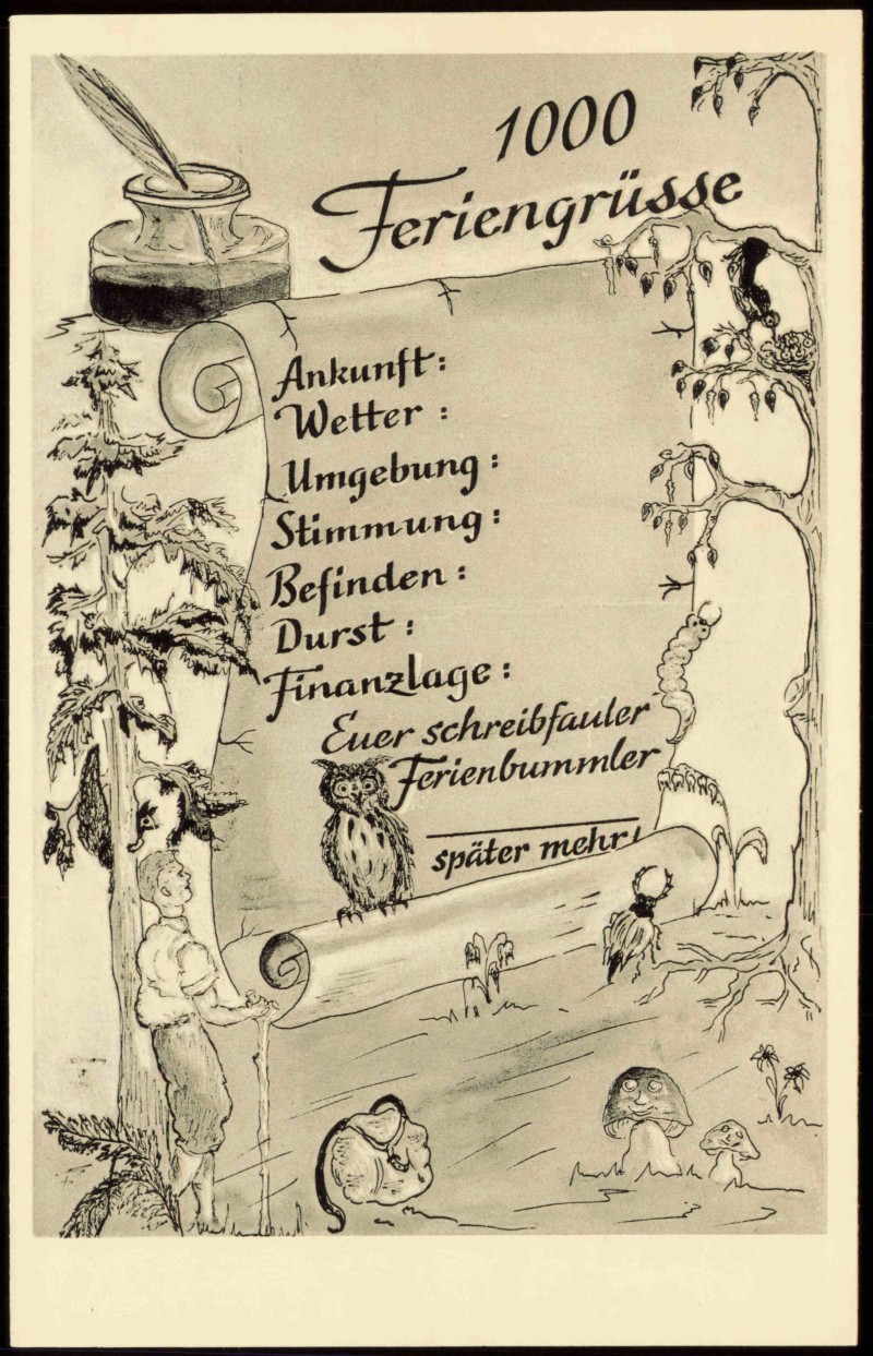 vergrößern: Bildseite historische Ansichtskarte von 1957: 1000 Feriengrüße, schreibfauler Ferienbummler::