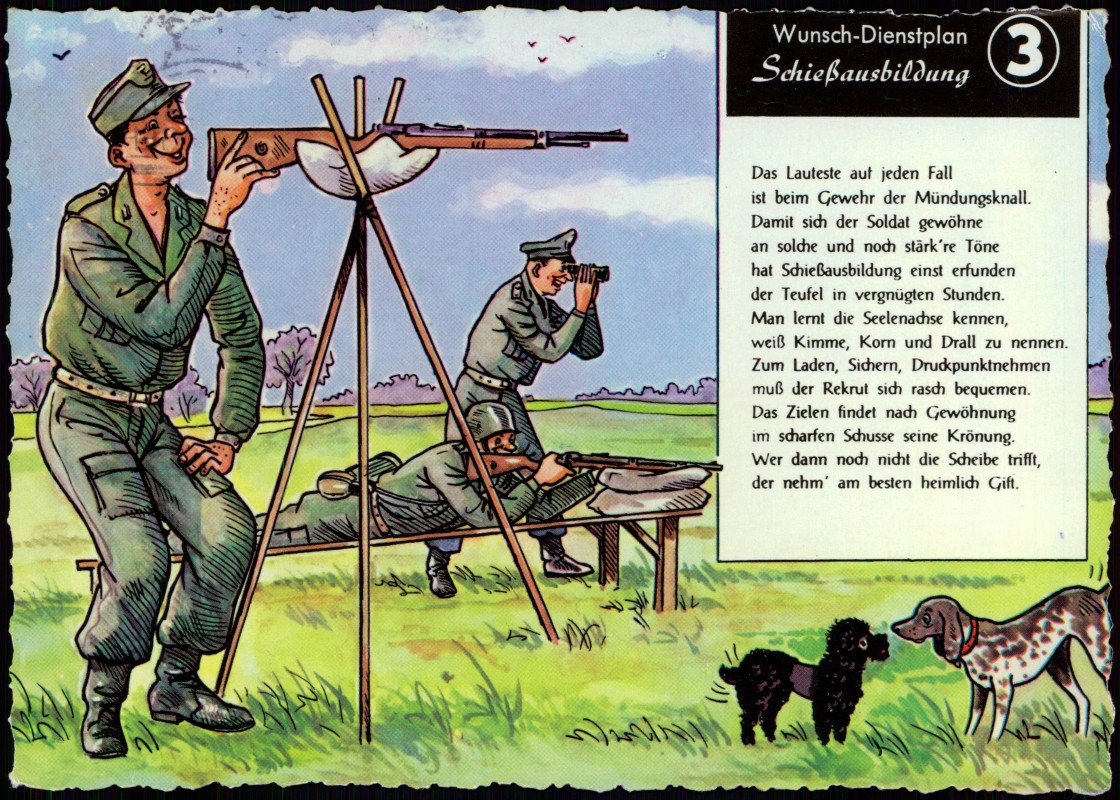 vergrößern: Bildseite historische Ansichtskarte von 1969: Bundeswehr Scherzkarte Wunsch Dienstplan Schießübung::
