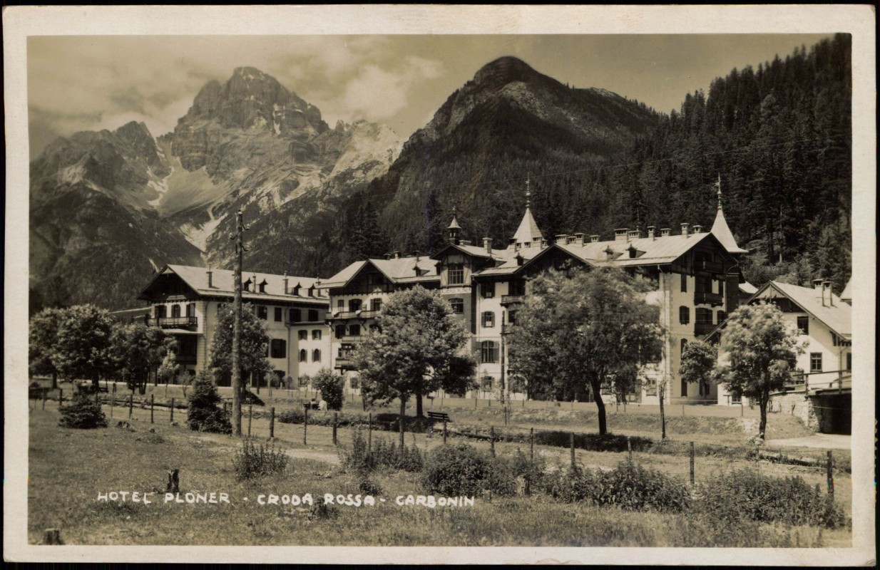 zoom: Image side vintage Postcard from 1933: Hotel Ploner Hotel Croda Rossa:: Dobbiaco