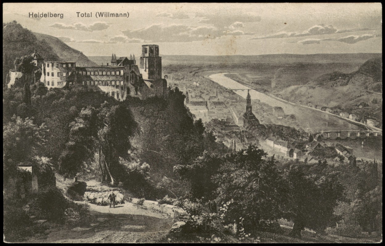 vergrößern: Bildseite historische Ansichtskarte von 1910: Panorama-Ansicht Künstlerkarte Total (Willmann):: Heidelberg