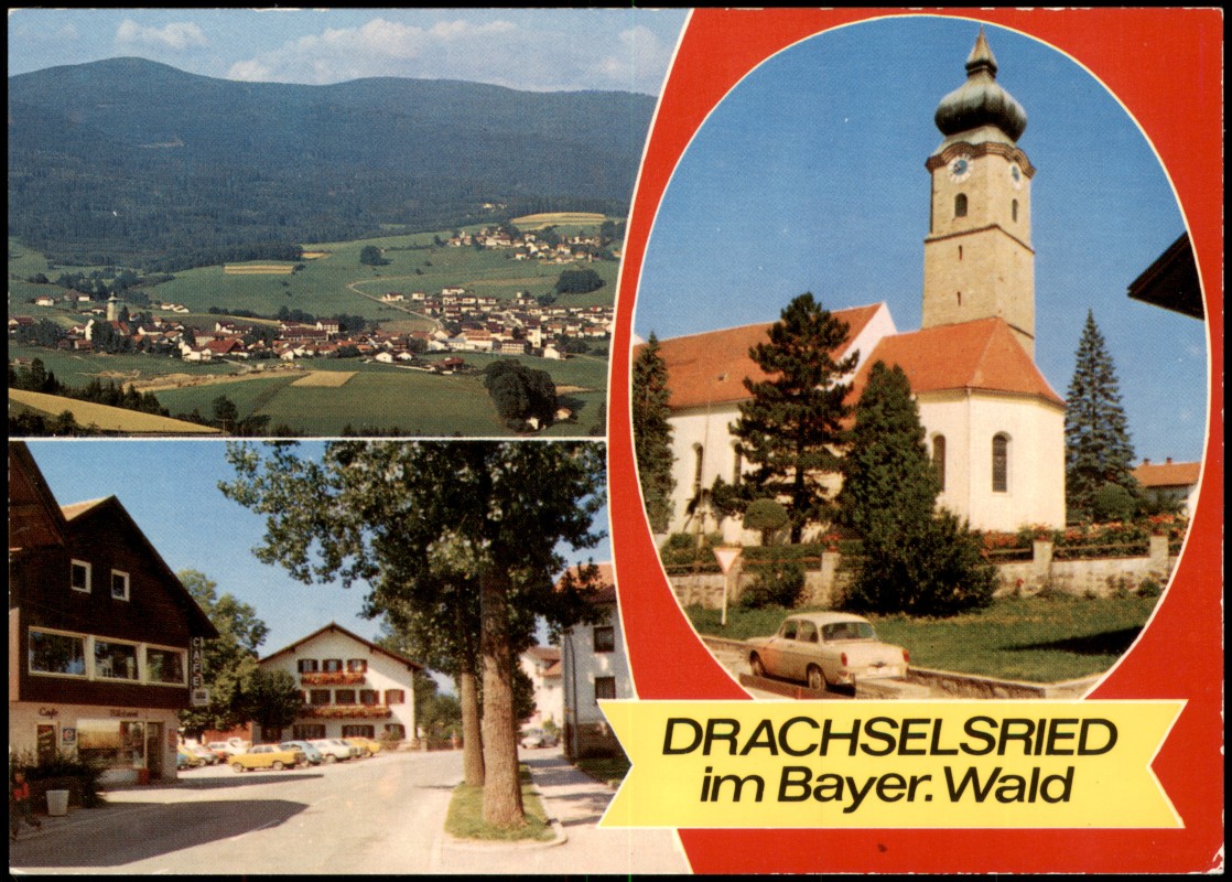zoom: Image side vintage Postcard from 1975: Mehrbildkarte mit 3 Ortsansichten:: Drachselsried