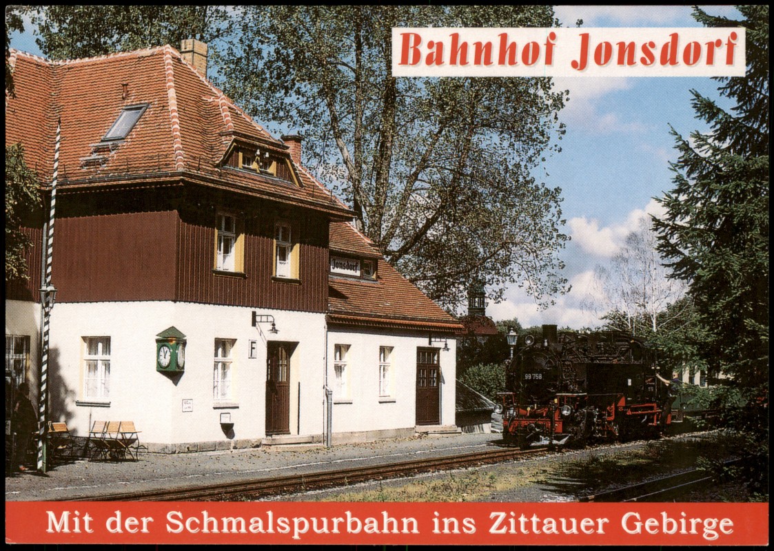 zoom: Image side vintage Postcard from 2000: Dampflokomotive Bahnhof Kurort Jonsdorf Schmalspurbahn im Zittauer Gebirge::