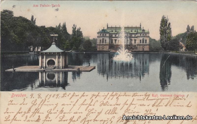 zoom: Image side vintage Postcard from 1907: Am Palais Teich - Großer Garten - colorierte AK:: Dresden