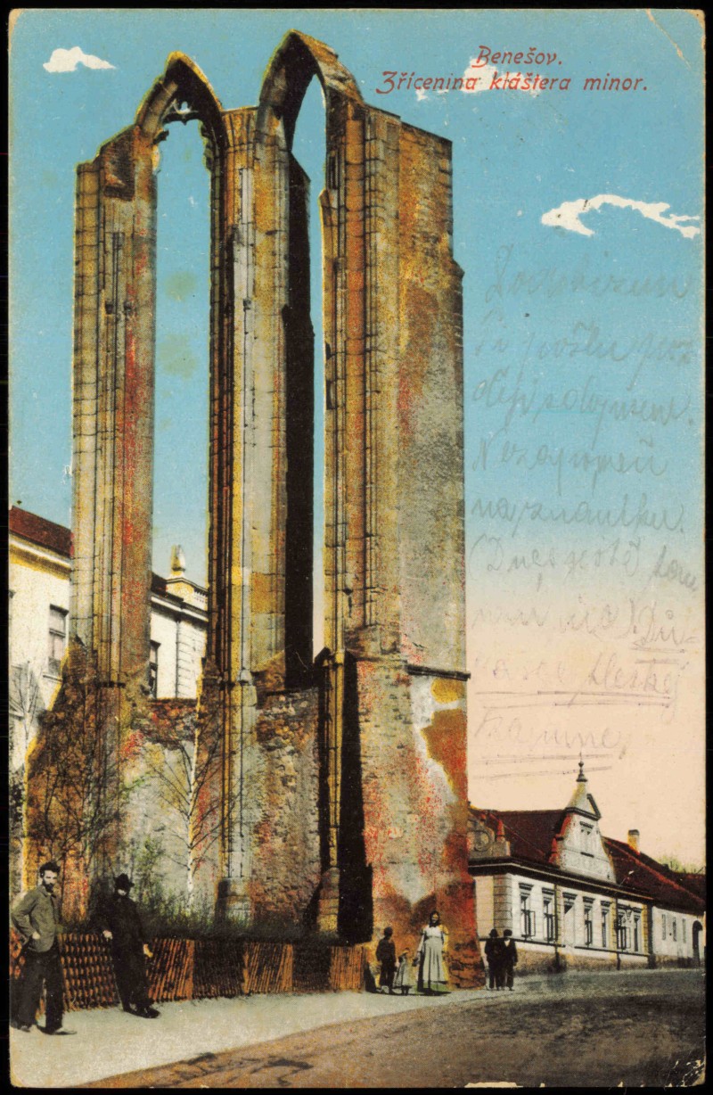 zoom: Image side vintage Postcard from 1911: Zřícenina kláštera minor.:: Benesov