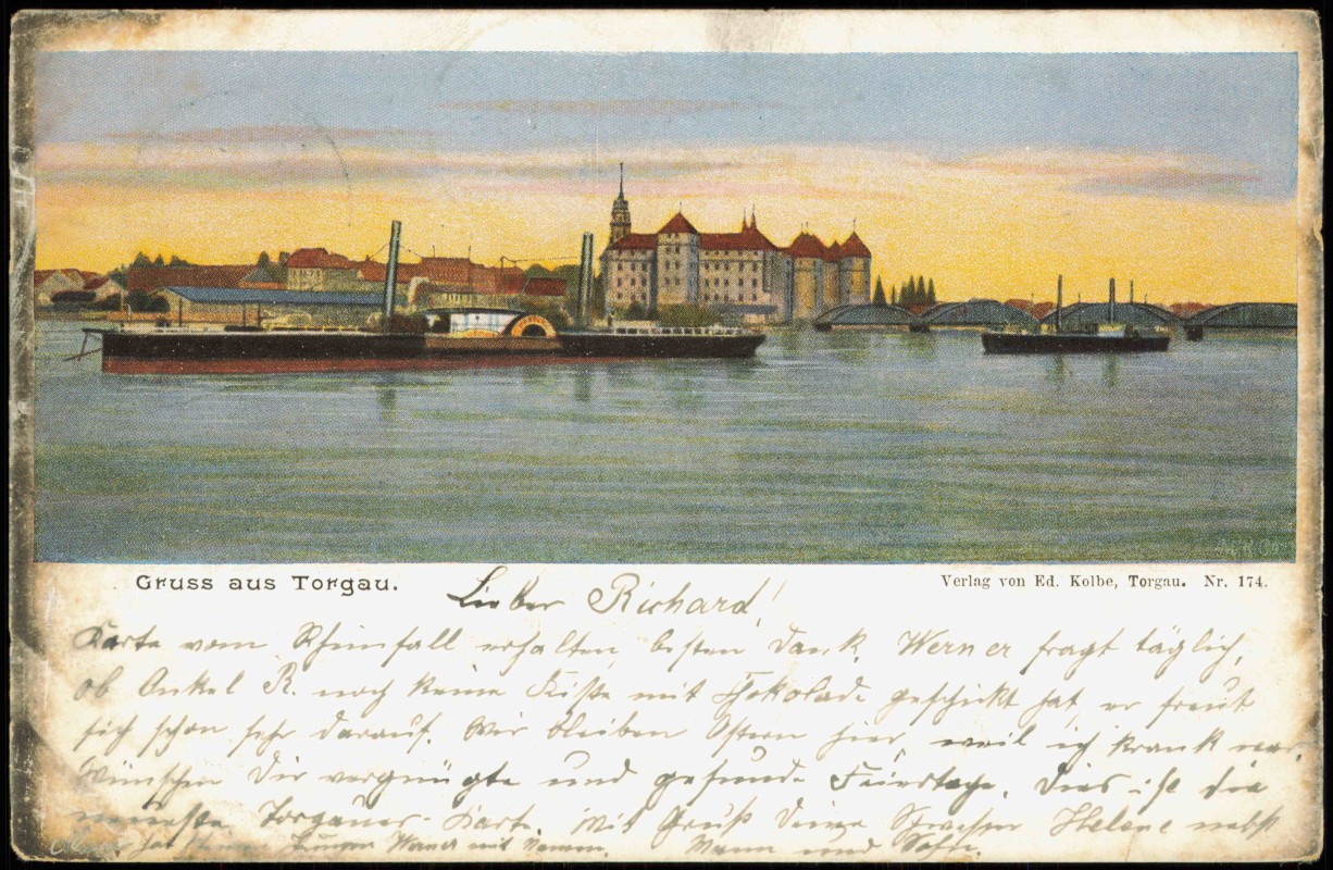 zoom: Image side vintage Postcard from 1899: Panorama-Ansicht, Schiff Elbe, Stadt-Teilansicht:: Torgau