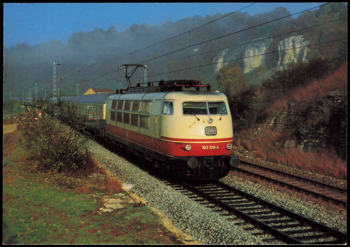 vergrößern: Bildseite historische Ansichtskarte von 1980: DB Schnellzuglokomotive IC Prinzregent im Altmühltal bei Dollnstein::