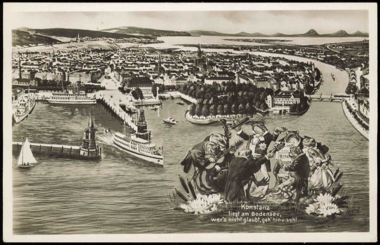 zoom: Image side vintage Postcard from 1950: Panorama-Ansicht (mit musizierenden Fröschen):: Konstanz