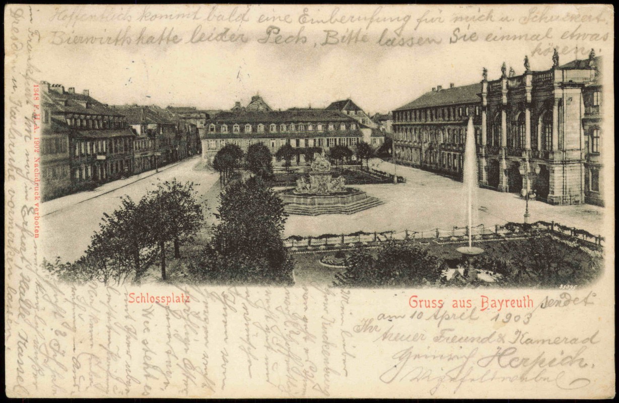 vergrößern: Bildseite historische Ansichtskarte von 1903: Schloßplatz Fontaine:: Bayreuth