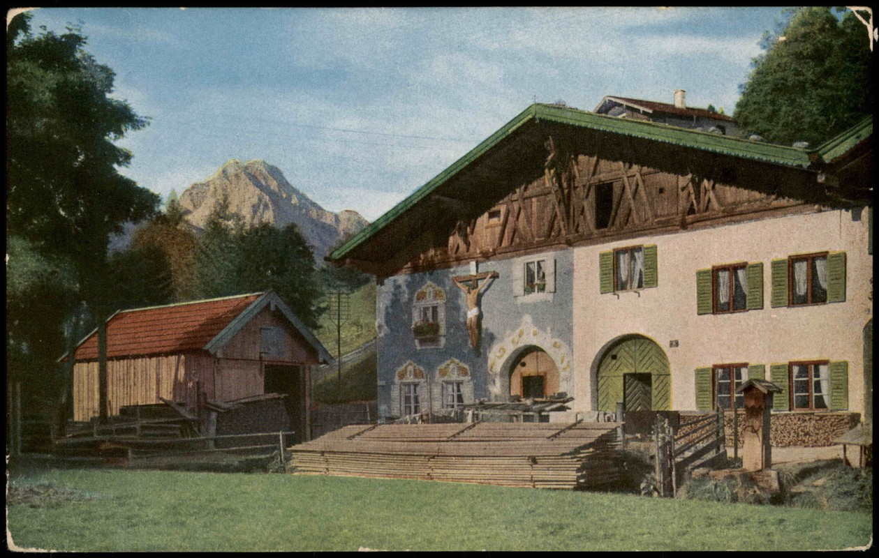 vergrößern: Bildseite historische Ansichtskarte von 1918: Die Färberhäuser mit dem Wetterstein:: Mittenwald
