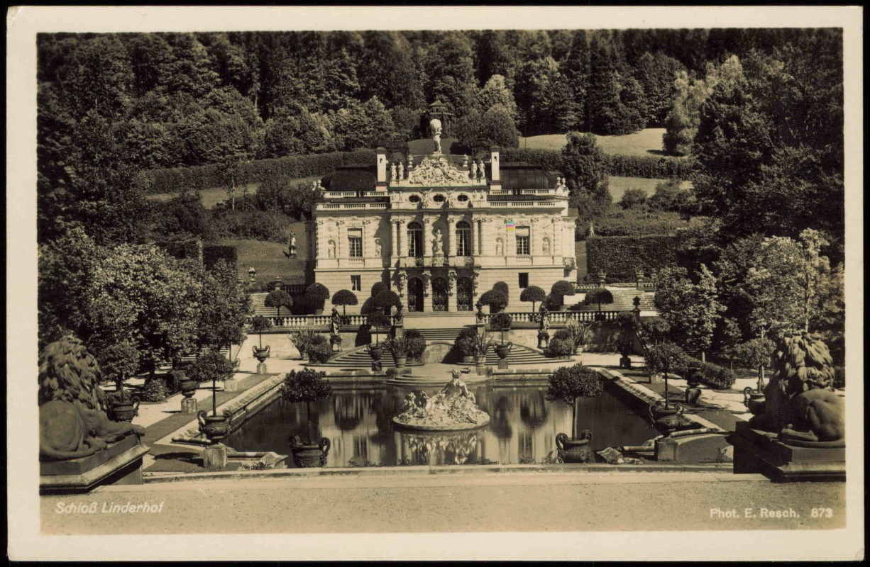 vergrößern: Bildseite historische Ansichtskarte von 1940: Schloss Linderhof Rückseite:: Linderhof-Ettal