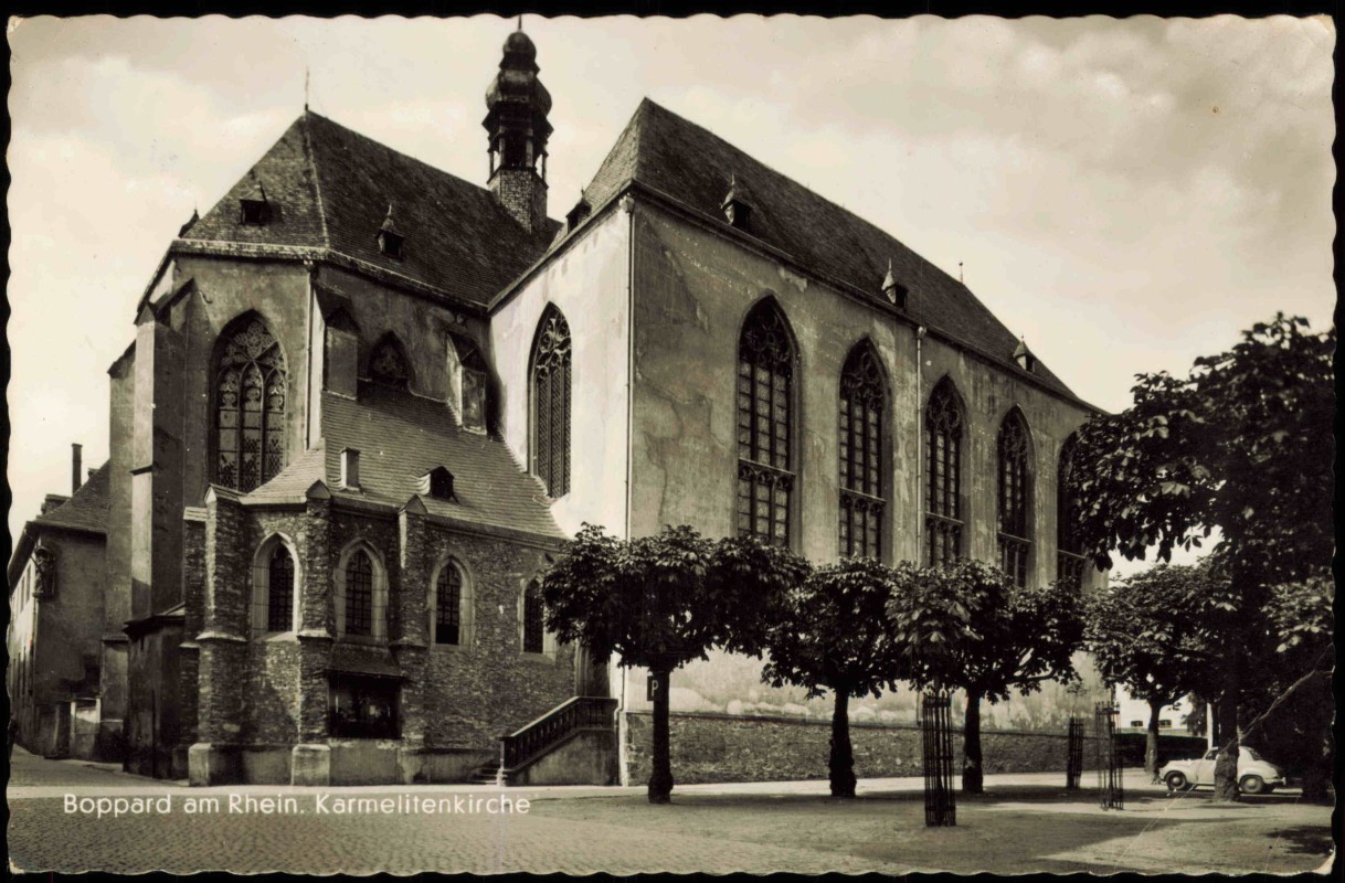 vergrößern: Bildseite historische Ansichtskarte von 1961: Partie an der Kirche Karmelitenkirche:: Boppard