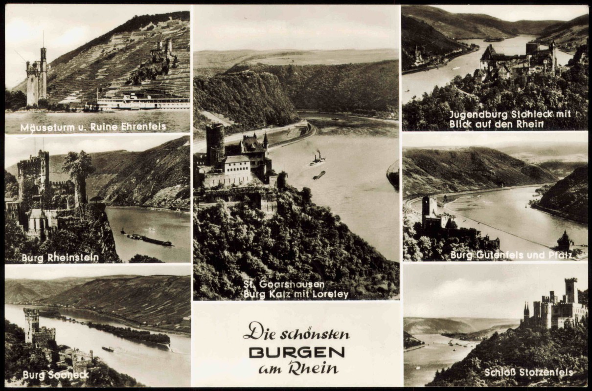 zoom: Image side vintage Postcard from 1963: Burgen am Rhein Rhin Mehrbild AK Fotokarte::