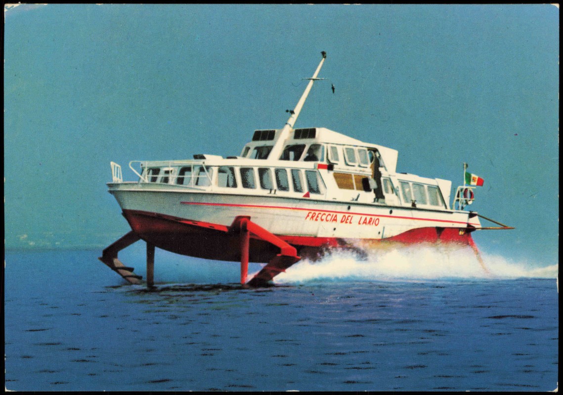 vergrößern: Bildseite historische Ansichtskarte von 1970: See mit Schiff Aliscafo FRECCIA DEL LARIO:: Como