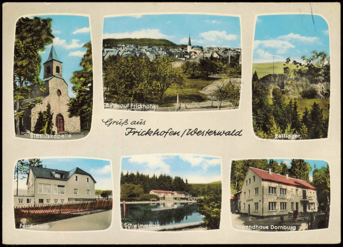 zoom: Image side vintage Postcard from 1963: Ferienheim Blasiuskapelle Zeltlager Schwimmbad - Westerwald:: Frickhofen-Dornburg