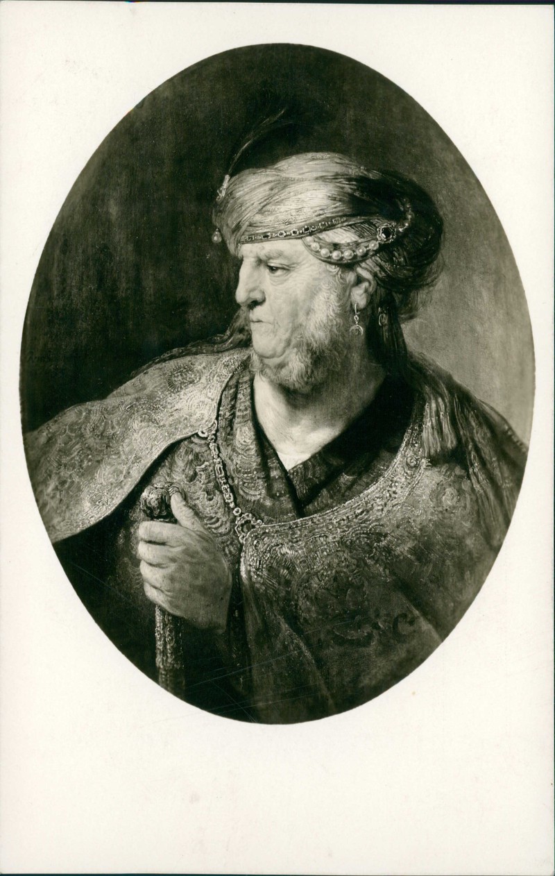 vergrößern: Bildseite historische Ansichtskarte von 1928: Künstlerkarte: Gemälde Rembrandt Mann türkische Kleidung::