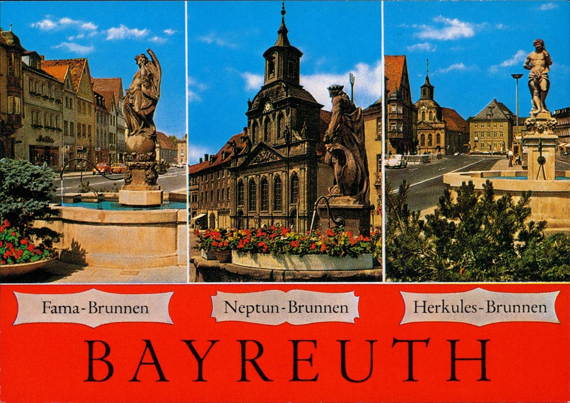 vergrößern: Bildseite historische Ansichtskarte von 1975: Brunnen in Bayreuth: Fama-, Neptun- und Herkules-Brunnen:: Bayreuth