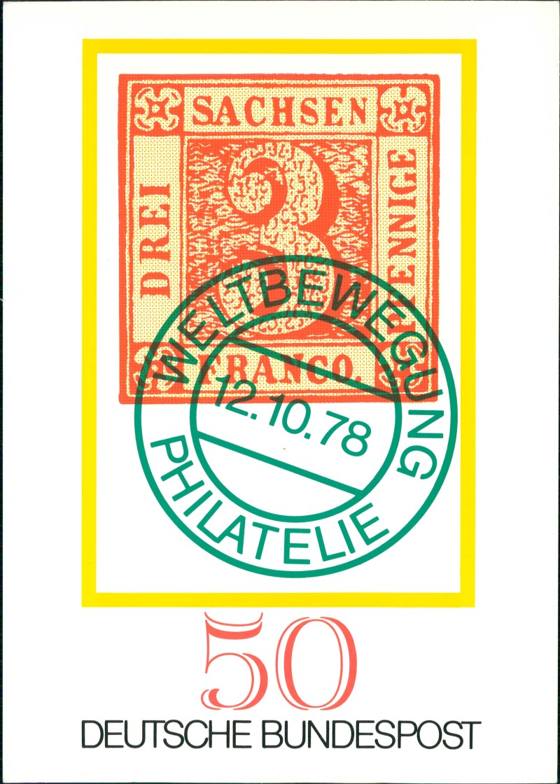 vergrößern: Bildseite historische Ansichtskarte von 1978: Tag der Briefmarke 1978 - Sachsen-Dreier::