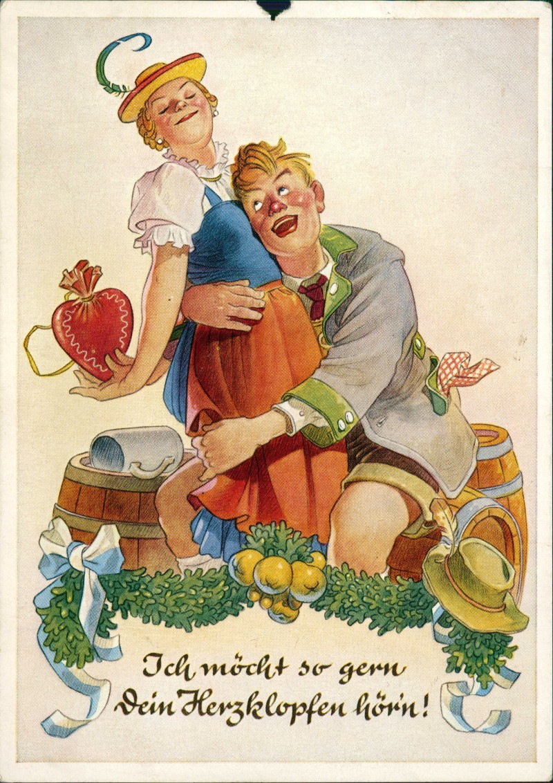 vergrößern: Bildseite historische Ansichtskarte von 1950: Humorkarte: Liebespaar in bayerischer Tracht mit Lebkuchenherz::