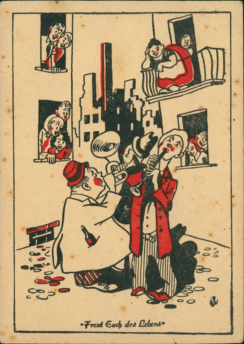 zoom: Image side vintage Postcard from 1930: Hinterhofmusikanten - Freut Euch des Lebens::