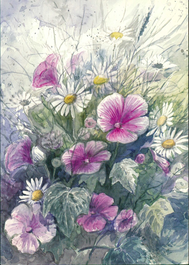 zoom: Image side vintage Postcard from 1995: Künstlerkarte WOLFRAM PAUL Malven und Margeriten, Aquarell 1992::