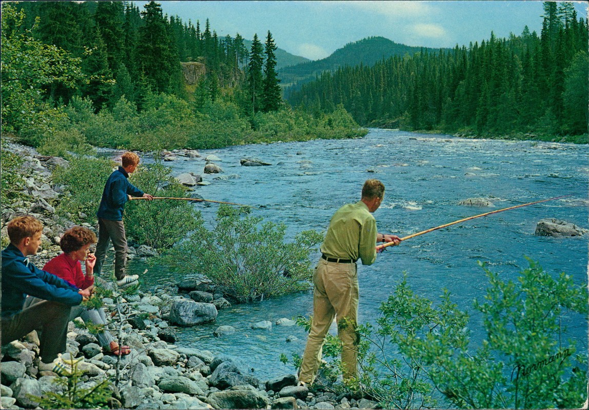 vergrößern: Bildseite historische Ansichtskarte von 1985: Norge Ørretfiske.Norway routfishing Angler:: Norwegen