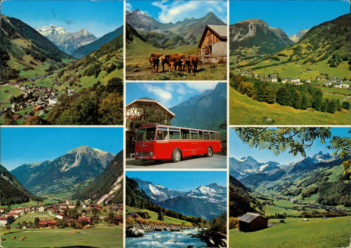 vergrößern: Bildseite historische Ansichtskarte von 1979: Im SERNFTAL Glarus Engi Matt Elm MB Bus:: .Schweiz