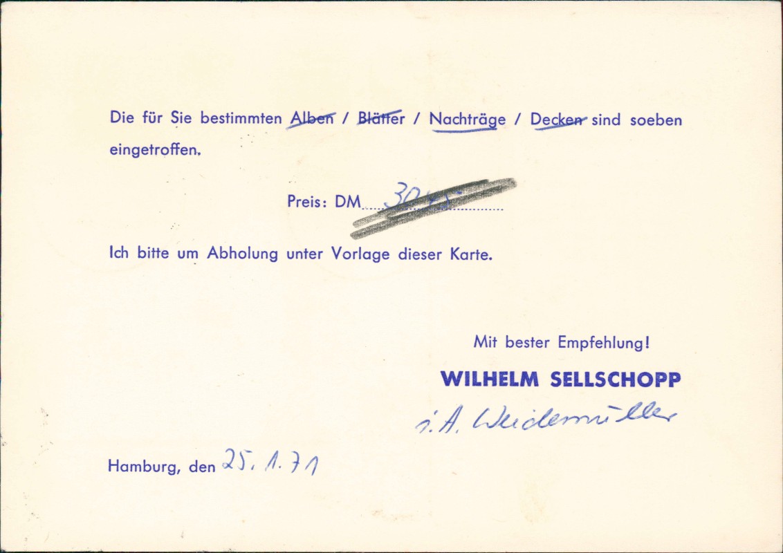 vergrößern: Bildseite historische Ansichtskarte von 1971: Benachrichtigungskarte für Philatelie-Zubehör::