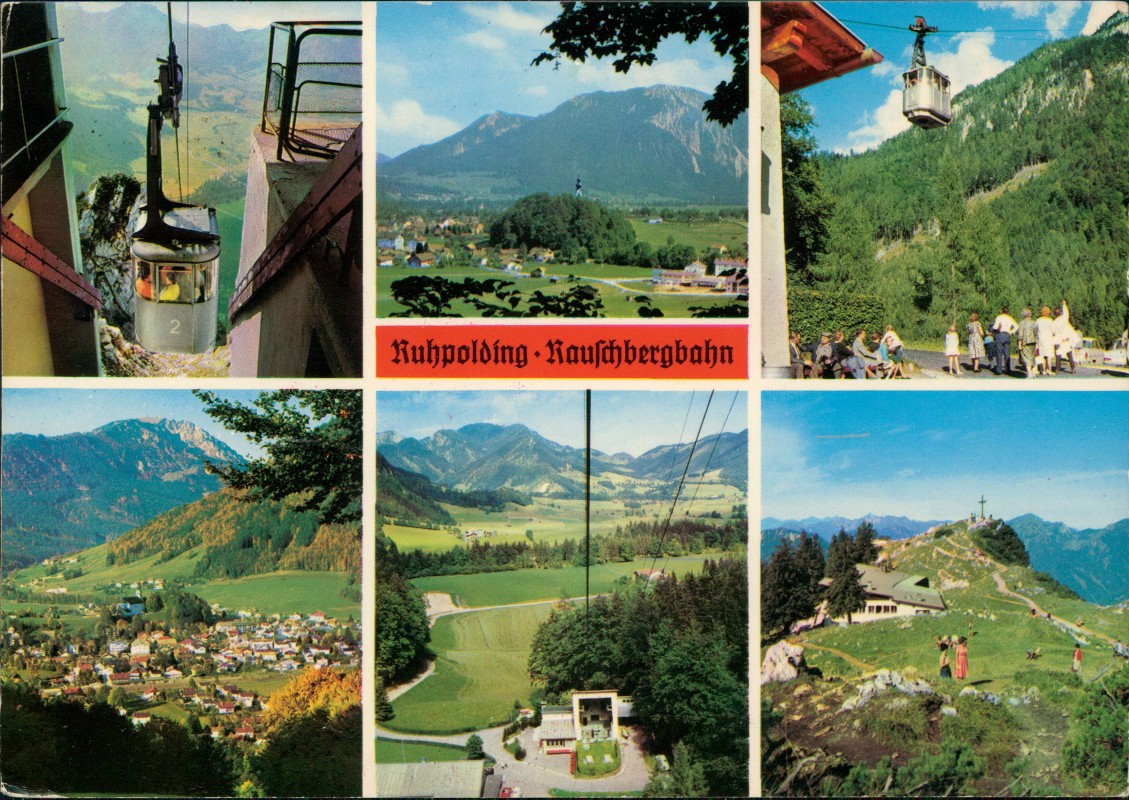 zoom: Image side vintage Postcard from 1982: Mehrbildansicht Ruhpolding mit Rauschbergbahn und Alpenpanorama:: Ruhpolding
