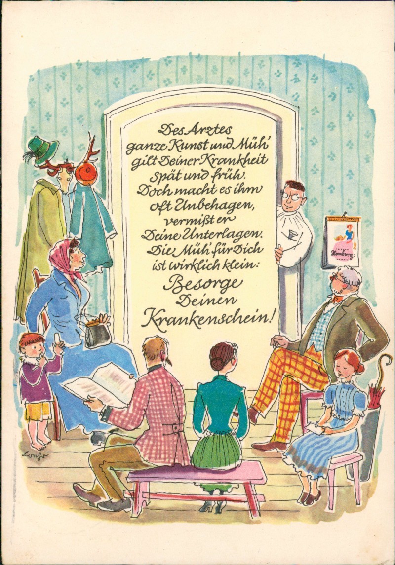 zoom: Image side vintage Postcard from 1971: Humoristische Arzt-Erinnerungskarte: Wartezimmer-Szene mit Gedicht::