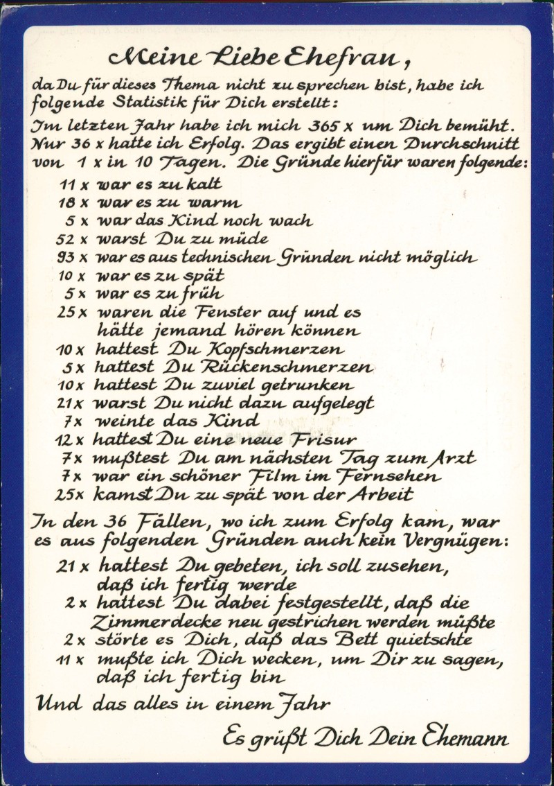 zoom: Image side vintage Postcard from 1996: Humorpostkarte: Statistik für die Ehefrau::