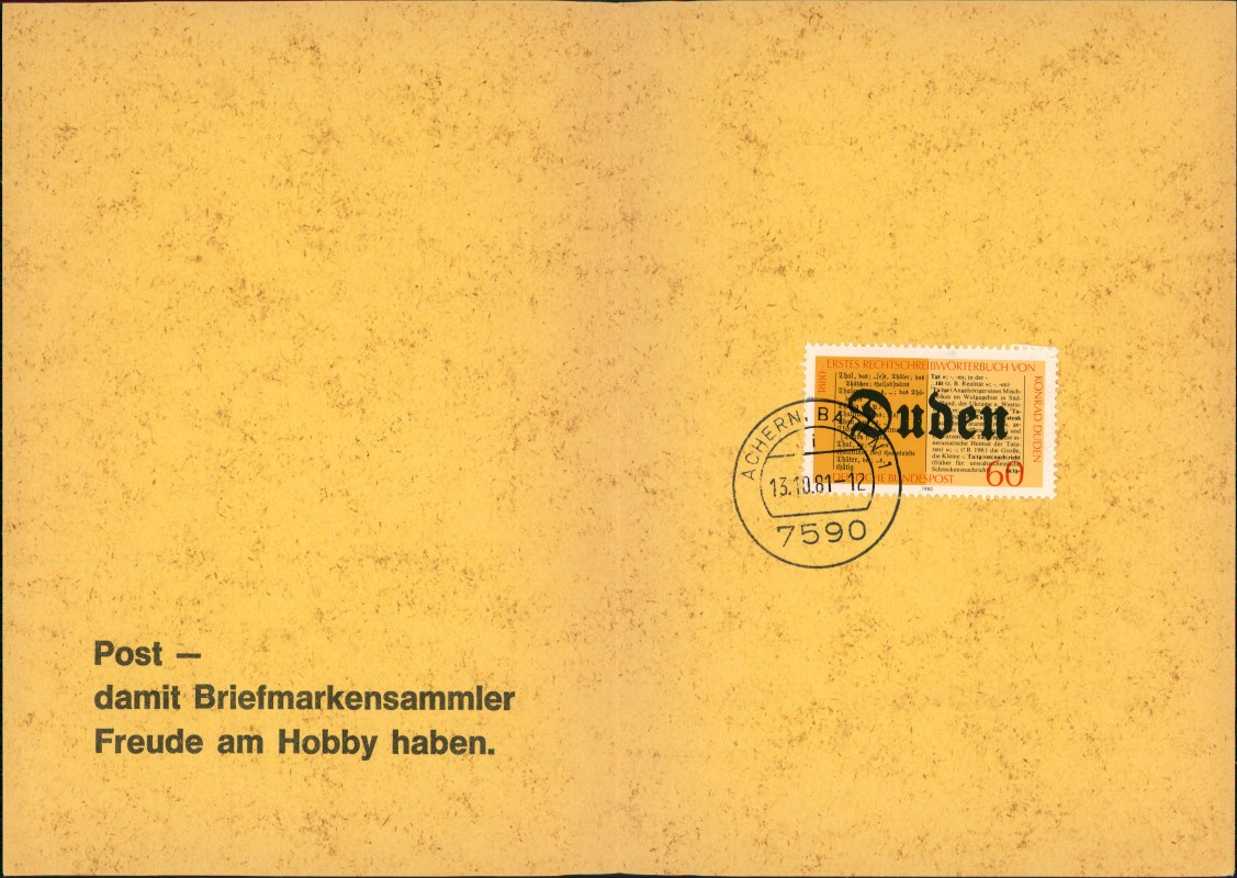 vergrößern: Bildseite historische Ansichtskarte von 1979: Briefmarke Duden 60 Pf. Stempel Achern Baden 13.10.81::