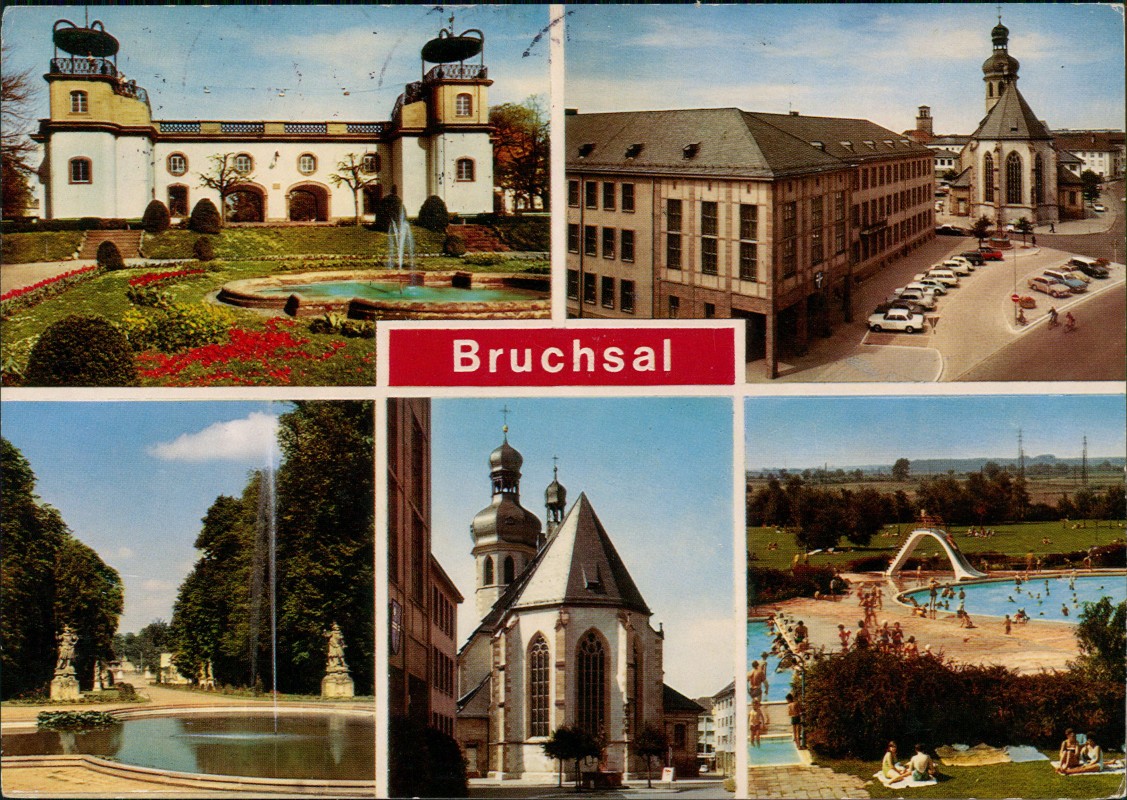 zoom: Image side vintage Postcard from 1978: Mehrbildkarte mit 5 Ortsansichten u.a. Freibad:: Bruchsal