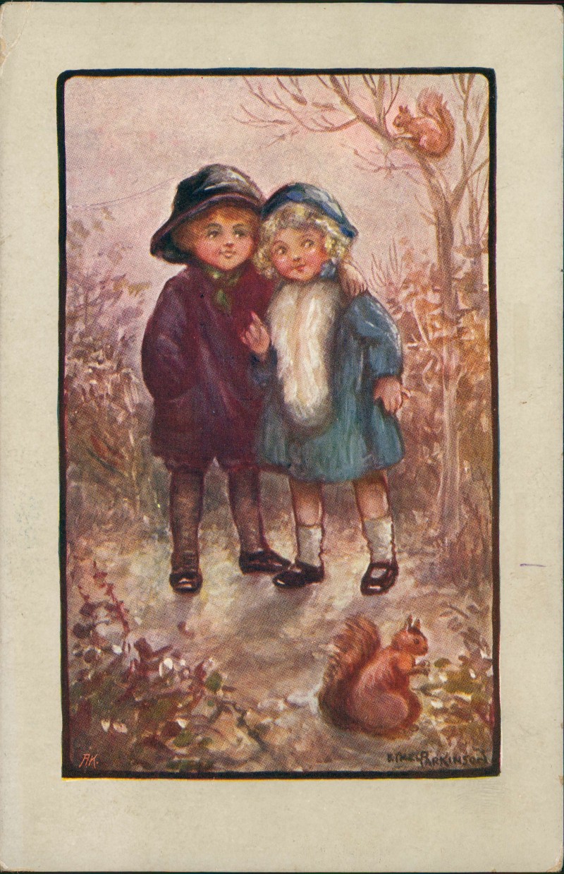 vergrößern: Bildseite historische Ansichtskarte von 1948: Kinder Künstlerkarte Kinder im Wald Eichhörnchen::