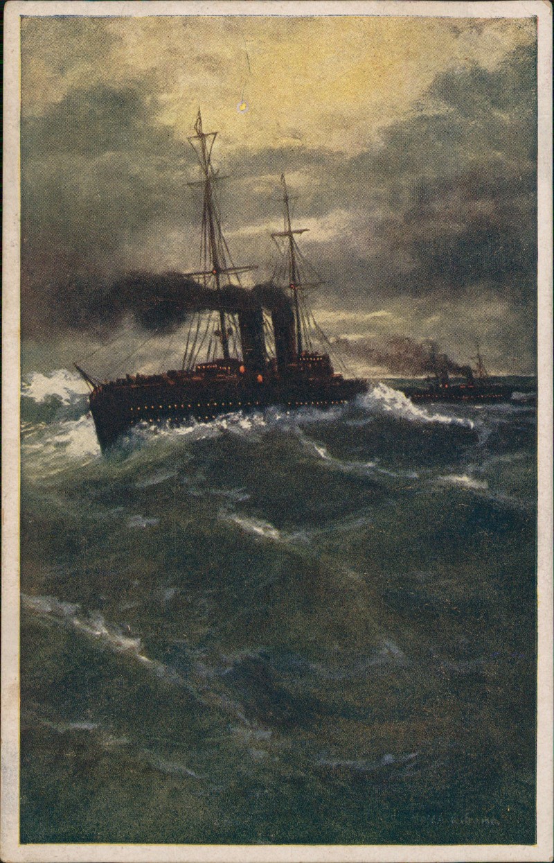 zoom: Image side vintage Postcard from 1917: Künstlerkarte Gemälde Kunstwerke V.A. Ribano Bewegte See Dampfer::