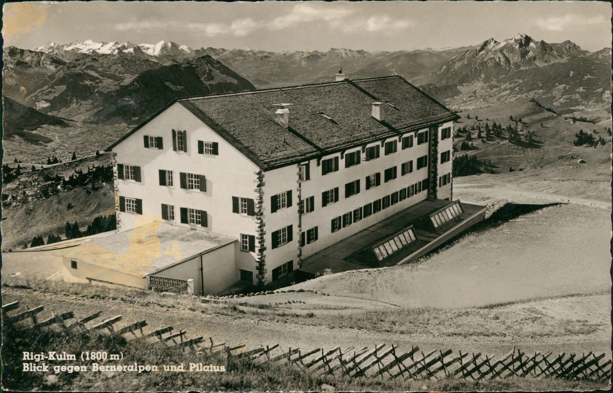 vergrößern: Bildseite historische Ansichtskarte von 1964: Rigi Kulm Blick gegen Berneralpen und Pilatus:: Arth SZ