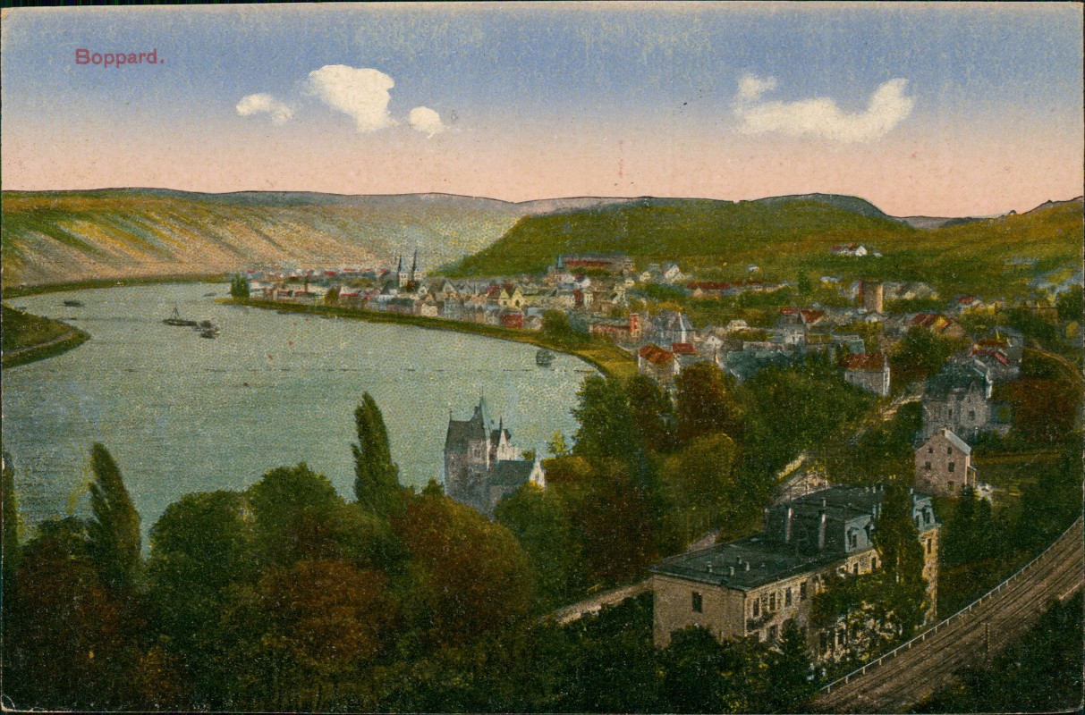 vergrößern: Bildseite historische Ansichtskarte von 1910: Panorama-Ansicht Rhein Partie:: Boppard
