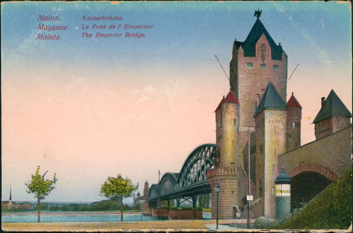 zoom: Image side vintage Postcard from 1925: Kaiserbrücke Brückenkopf am Rhein:: Mainz