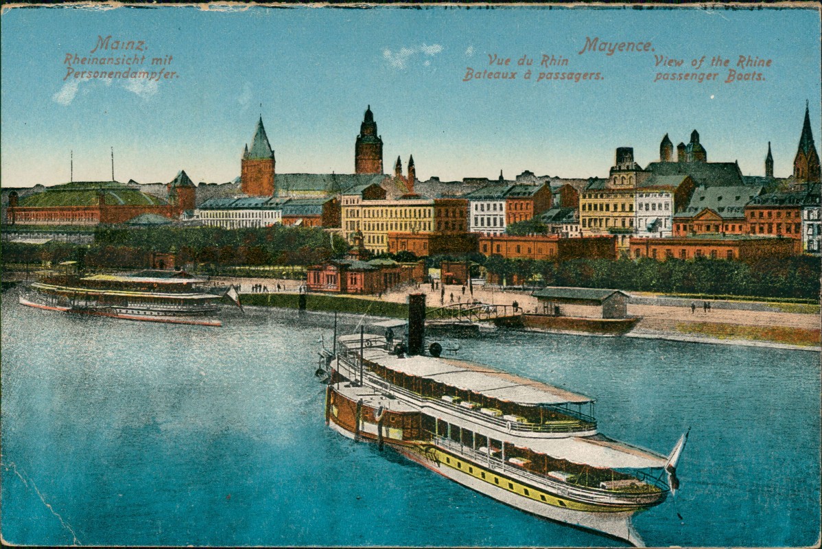 zoom: Image side vintage Postcard from 1920: Panorama-Ansicht Rhein Partie mit Schiffen:: Mainz