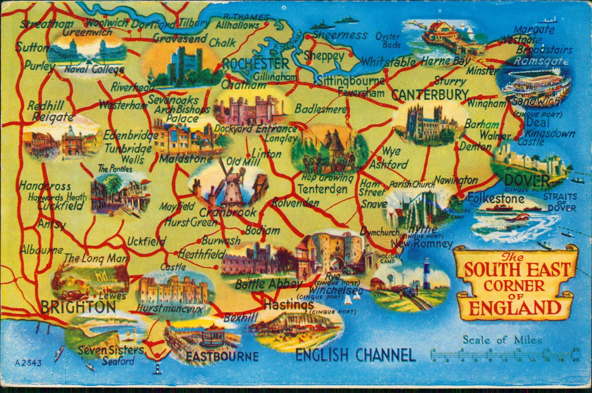 vergrößern: Bildseite historische Ansichtskarte von 1981: Landkarten AK South East Corner of England:: .Großbritannien