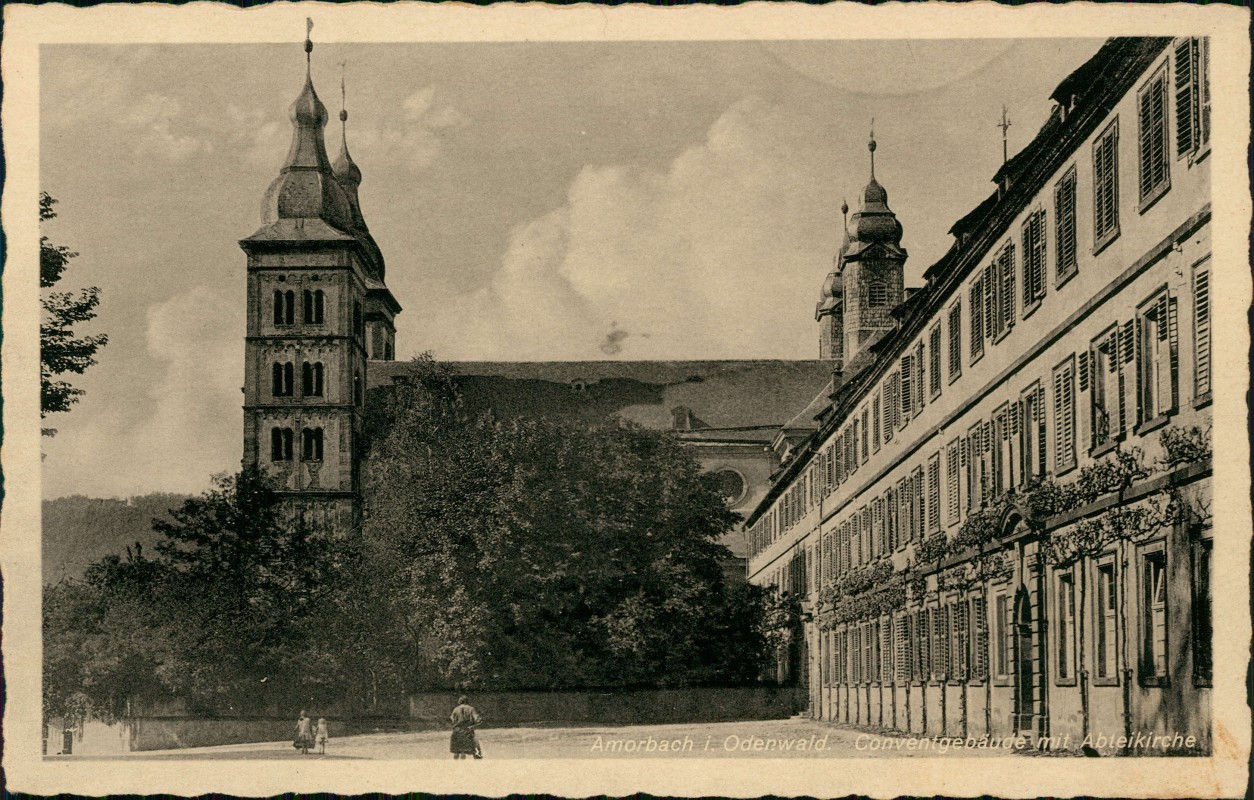 zoom: Image side vintage Postcard from 1920: Conventgebäude mit Abteikirche:: Amorbach