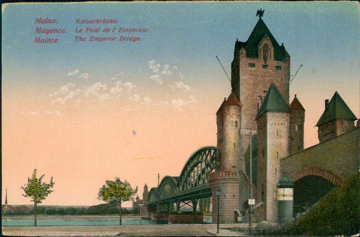 zoom: Image side vintage Postcard from 1924: Kaiserbrücke Brückenkopf Rhein-Brücke:: Mainz