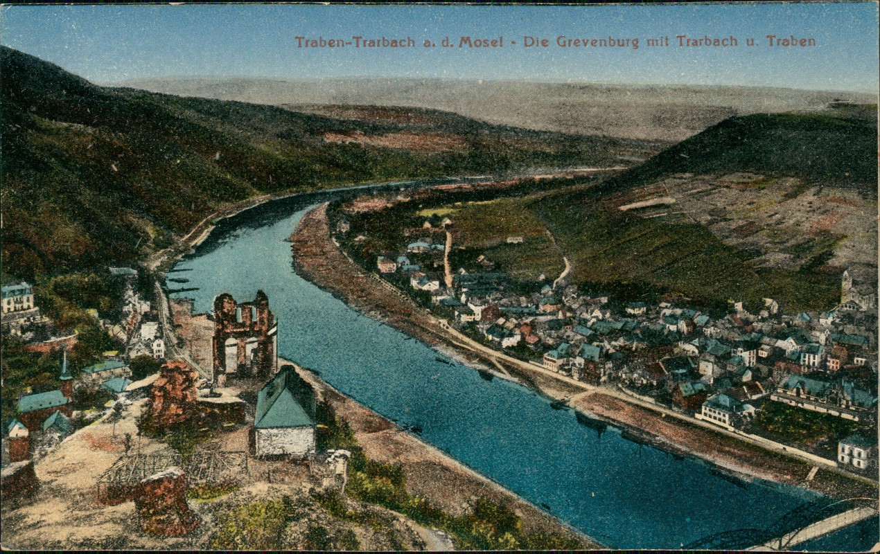 zoom: Image side vintage Postcard from 1910: Mosel Panorama, Grevenburg mit Trarbach u. Traben:: Traben-Trarbach