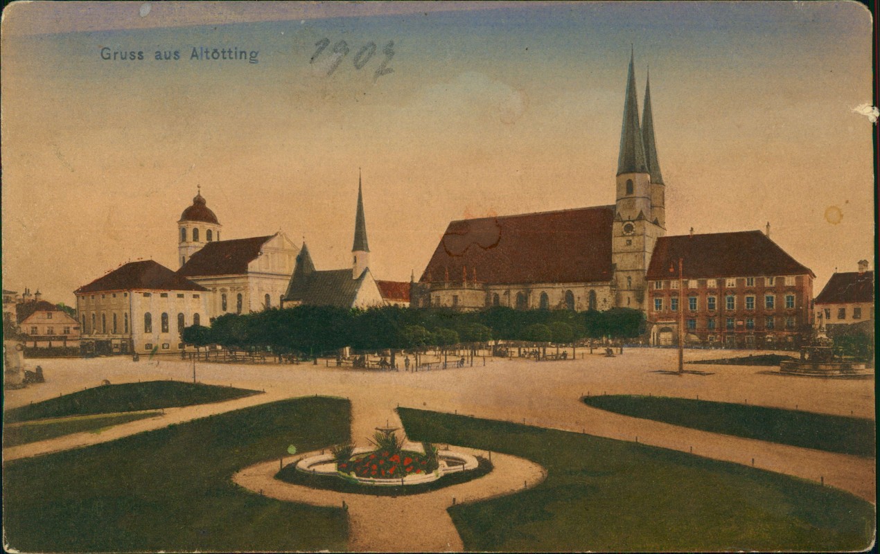 vergrößern: Bildseite historische Ansichtskarte von 1926: Kapellenplatz colorierte Karte:: Altötting