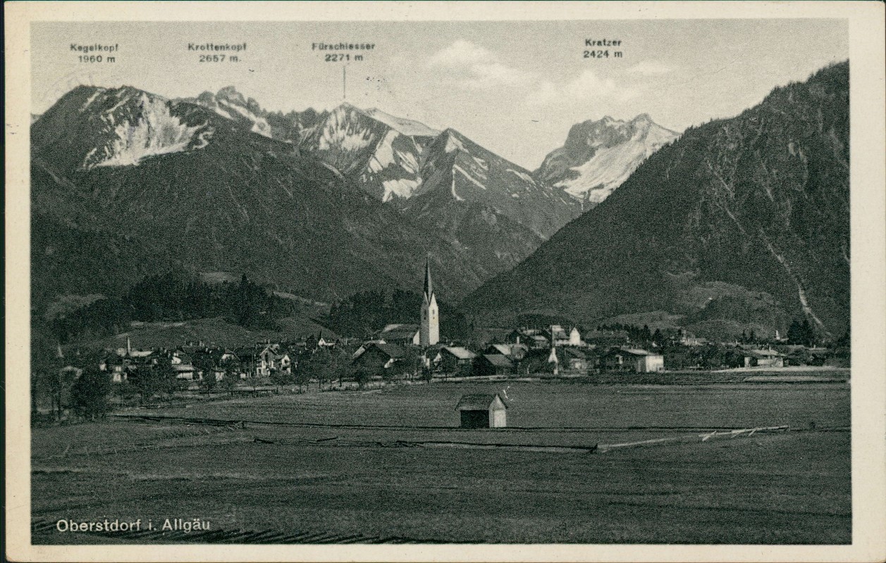 zoom: Image side vintage Postcard from 1936: Panorama-Ansicht:: Oberstdorf