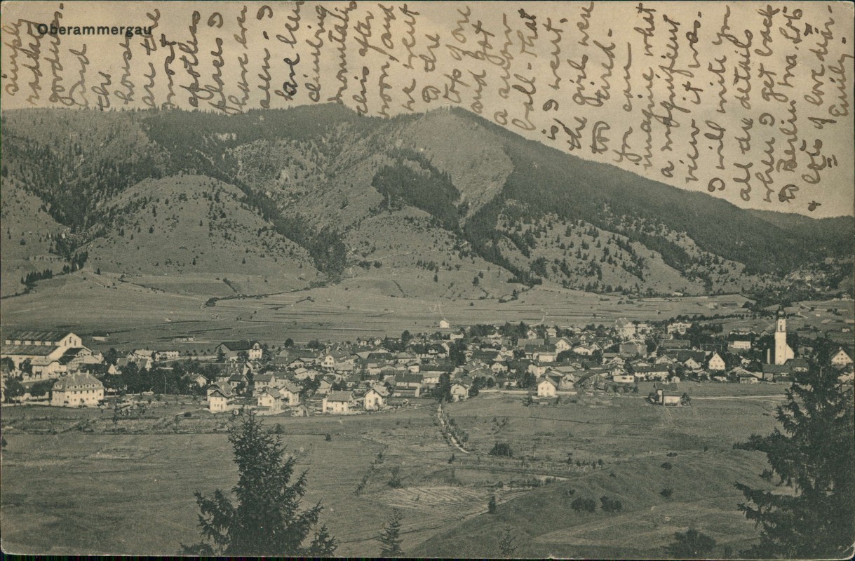 zoom: Image side vintage Postcard from 1910: Panorama-Ansicht, Totalansicht, Berg-Panorama:: Oberammergau